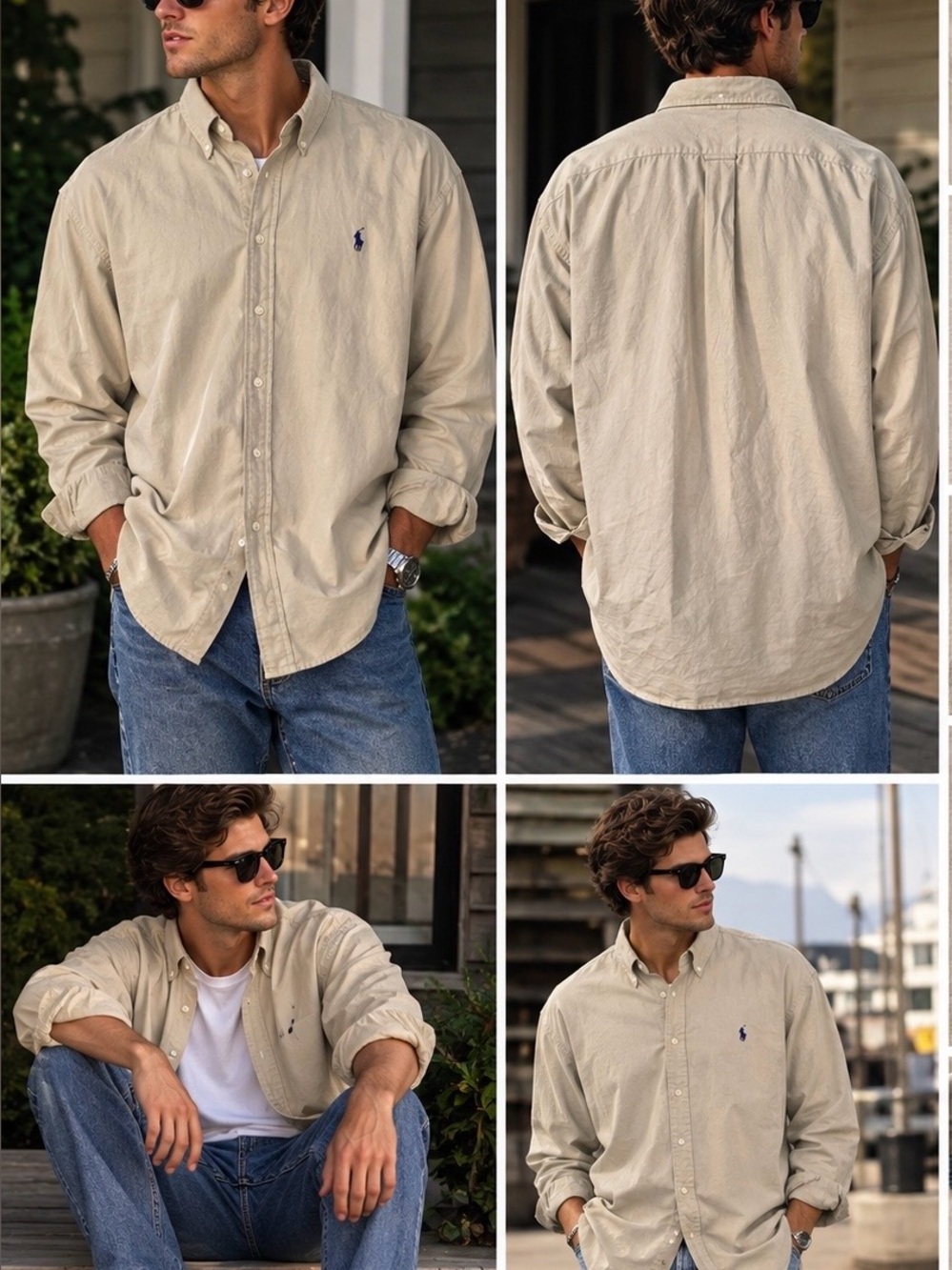 Polo by Ralph Lauren Beige Button-Down Cotton Shirt Jacket with Navy Pony